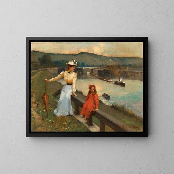 Moeder en dochter aan de rivierkant - Jean-Paul Sinibaldi — ingelijst kunstwerk aan de muur