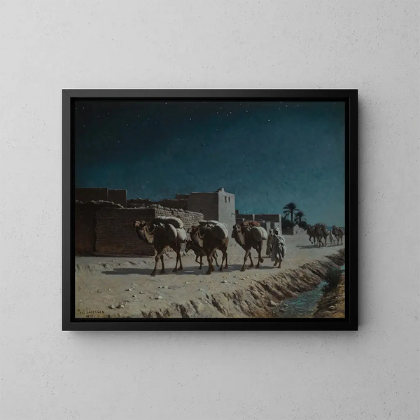 Trein van kamelen bij maanlicht - Jean Baptiste Paul Lazerges — ingelijst kunstwerk aan de muur
