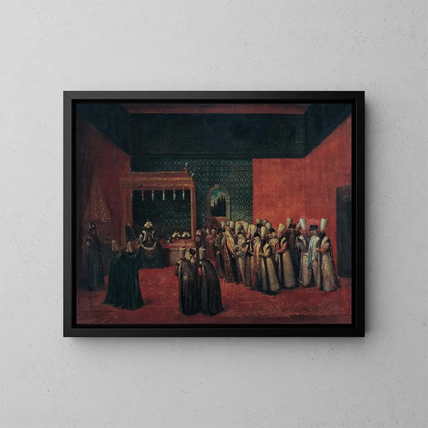 Sultan Ahmed III ontvang een Europese ambassadeur - Jean-Baptiste Vanmour — ingelijst kunstwerk aan de muur