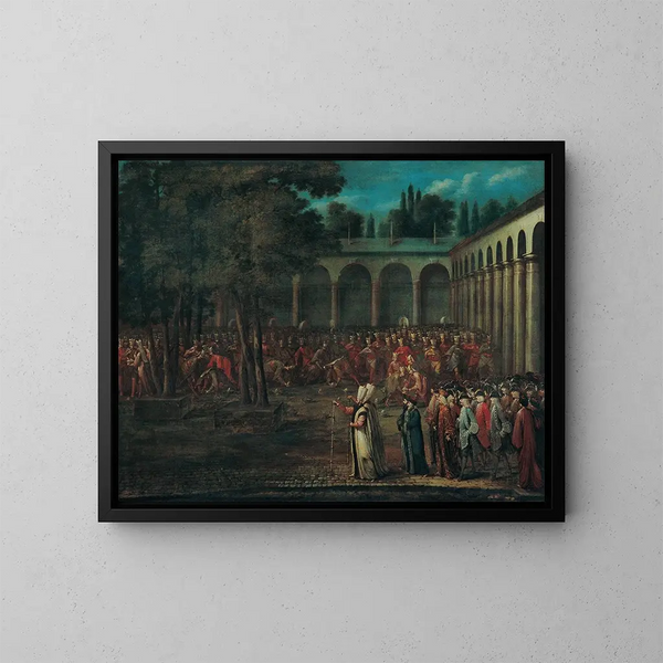 van het ambassadeurschap dat het tweede binnenplein van het Topkapi-paleis doorkruist - Jean-Baptiste Vanmour — ingelijst kunstwerk aan de muur
