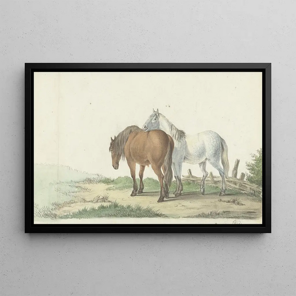 Jean Bernard - Een bruin en wit paard op een weg naast een hek.webp