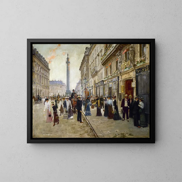 van Jean Béraud's Schilderij Uitgang van de arbeiders van het huis Paquin — ingelijst kunstwerk aan de muur