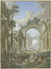 Romeinse ruïnes met een fontein met decoratie - Jean François Gout — weergave van het kunstwerk
