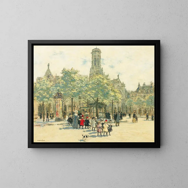 Meisjes die wandelen op de Place du Louvre - Jean François Raffaëlli — ingelijst kunstwerk aan de muur