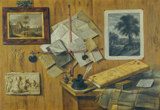 Jean Franois de La Motte - A Trompe Loeil Still Life With A Painted Landscape A Relief And A Mezzotint Of Peasants By A Cottage.webp