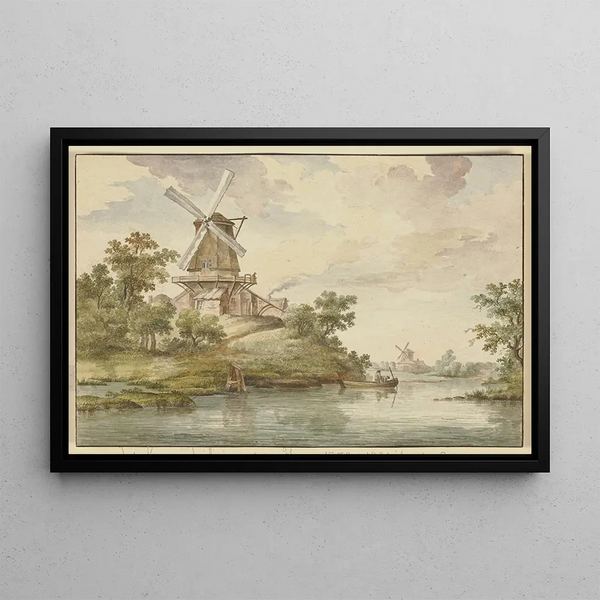 Jean George Teissier - Kleiner Flu an dessen Ufer zwei Windmhlen.webp