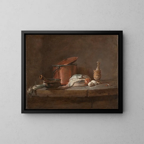 Keukengerei met prei, vis en eieren - Jean Siméon Chardin — ingelijst kunstwerk aan de muur