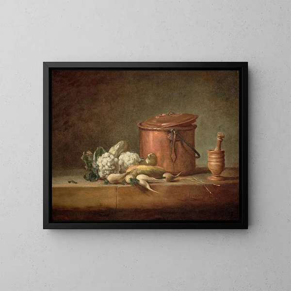 Marmite de cuivre, choux-fleurs et grugeoir avec son pilon sur un entablement - Jean Siméon Chardin — ingelijst kunstwerk aan de muur