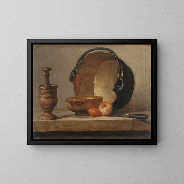 Natuurstudie met koperen ketel - Jean Siméon Chardin — ingelijst kunstwerk aan de muur