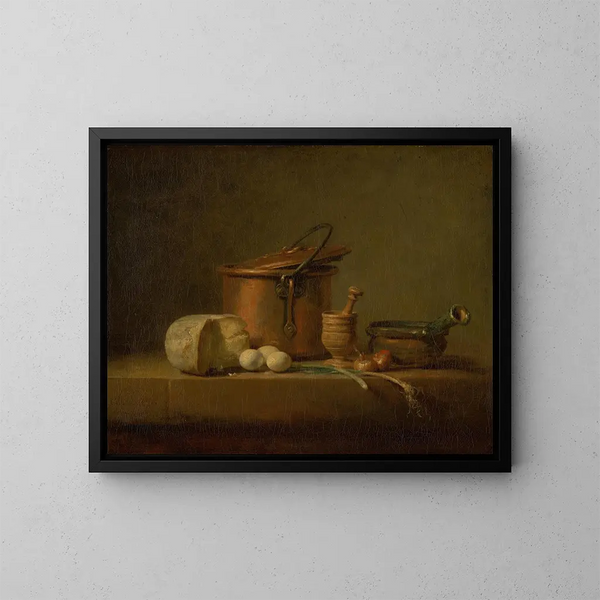 Natuurstudie met koperen pot, kaas en eieren - Jean Siméon Chardin — ingelijst kunstwerk aan de muur