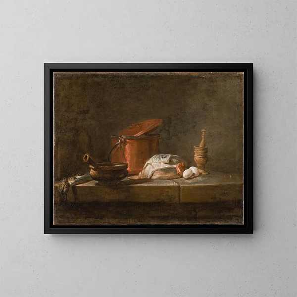 Natuurstudie met keukengerei en groenten - Jean Siméon Chardin — ingelijst kunstwerk aan de muur