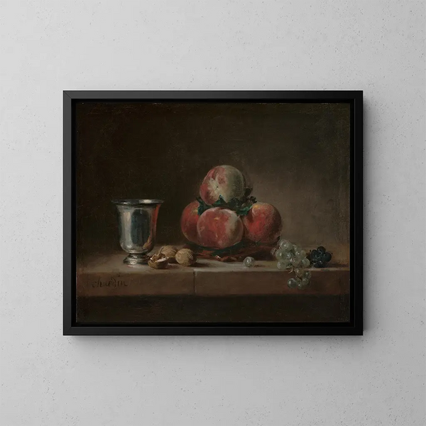 Natuurstudie met perziken, een zilveren beker, druiven en noten - Jean Siméon Chardin — ingelijst kunstwerk aan de muur