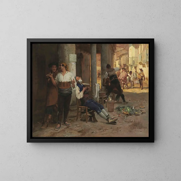 Barbier ambulant en Spanje - Jehan Georges Vibert — ingelijst kunstwerk aan de muur