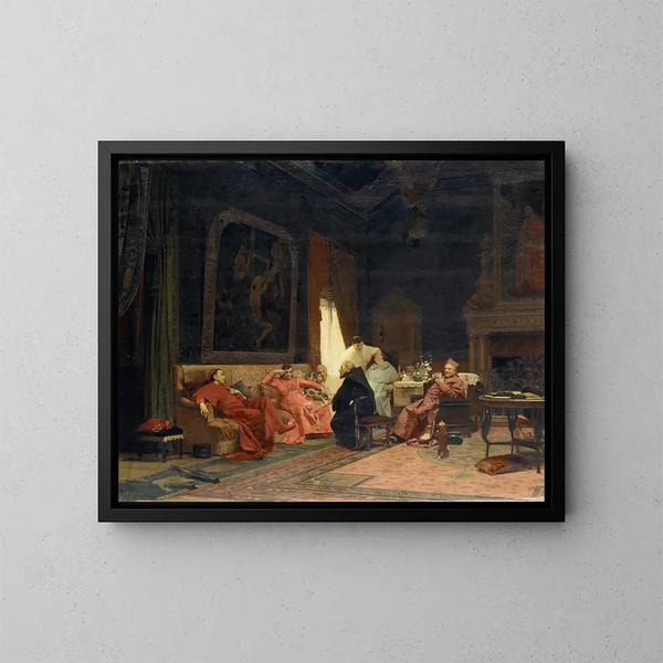 De avonturen van de missionaris - Jehan Georges Vibert — ingelijst kunstwerk aan de muur