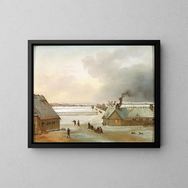 Winterzicht op Selyst vanaf Ordrup met slee - Jens Juel — ingelijst kunstwerk aan de muur