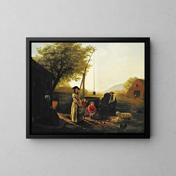 Ochtend van de lente bij de keukendeur, voorbereiding voor de markt - Jerome Thompson — ingelijst kunstwerk aan de muur