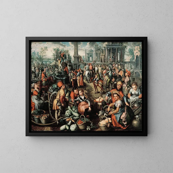 van markt scène, Ecce Homo, de geseling en het dragen van het kruis - Joachim Beuckelaer — ingelijst kunstwerk aan de muur