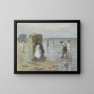 Johan Antonie de Jonge - Gezicht langs de vloedlijn aan het Scheveningse strand met twee dames en kinderen.webp
