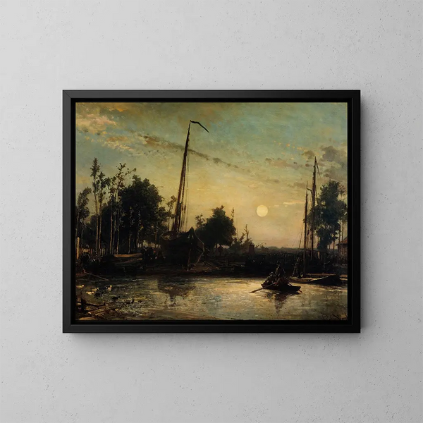 Bateau en construction au bord d'un canal, paysage hollandais - Johan Barthold Jongkind — ingelijst kunstwerk aan de muur