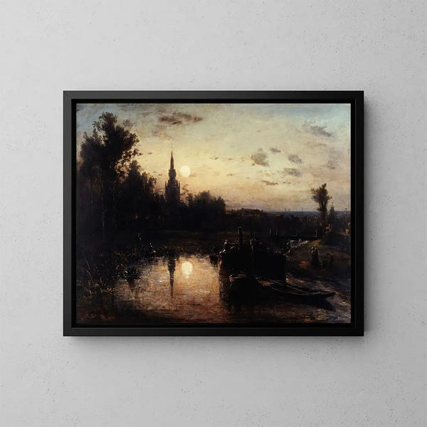 van het heldere maanlicht schilderij, omgeving van Overschie, nabij Rotterdam - Johan Barthold Jongkind — ingelijst kunstwerk aan de muur