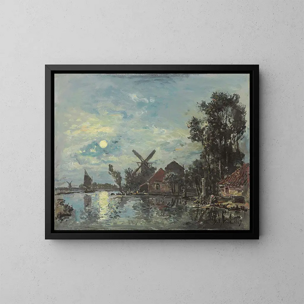 Effect van de maan op de riviermonding in Nederland - Johan Barthold Jongkind — ingelijst kunstwerk aan de muur