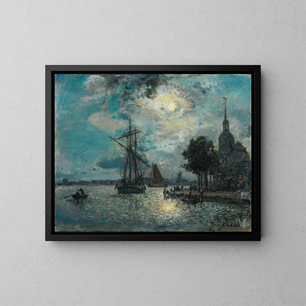Het haven van Dordrecht bij maanlicht - Johan Barthold Jongkind — ingelijst kunstwerk aan de muur
