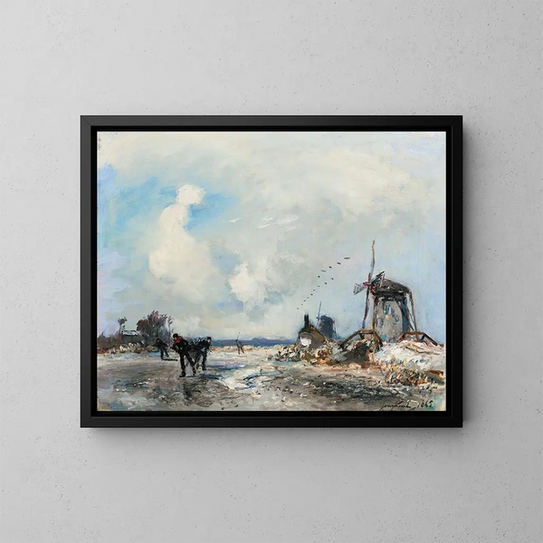 Moulins en schaatsers in Nederland - Johan Barthold Jongkind — ingelijst kunstwerk aan de muur