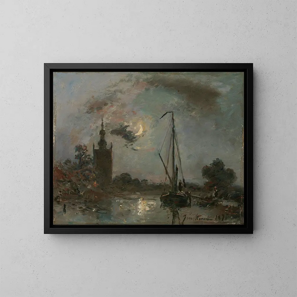 Overschie bij maanlicht - Johan Barthold Jongkind — ingelijst kunstwerk aan de muur