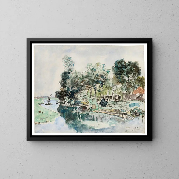 van Johan Barthold Jongkind | Schilderij Promenade en barque sur la rivière — ingelijst kunstwerk aan de muur