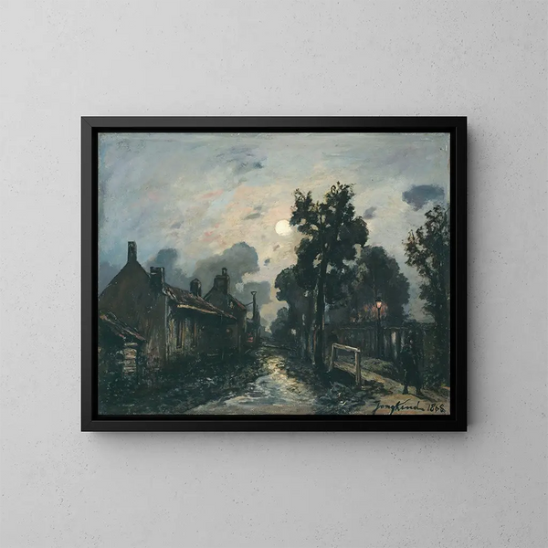 Een straat in Delft 's avonds - Johan Barthold Jongkind — ingelijst kunstwerk aan de muur