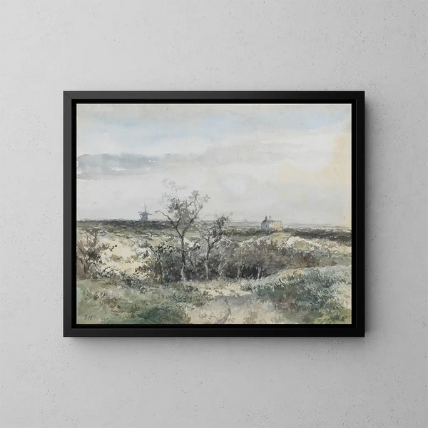 van het uitzicht op de Dekkersduin met de oude gasfabriek en een molen aan de horizon - Johan Hendrik Weissenbruch — ingelijst kunstwerk aan de muur