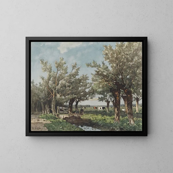 Landschapschilderij met een beekje waar twee jongens vissen - Johan Hendrik Weissenbruch — ingelijst kunstwerk aan de muur