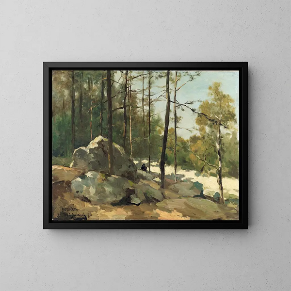 met uitzicht op bosrijk landschap bij Barbizon - Johan Hendrik Weissenbruch — ingelijst kunstwerk aan de muur