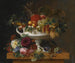 Een klassieke urn met aalbessen, abrikozen, cassis, kersen, perziken en ananas op een voetstuk bedekt met bloemen - Johan Laurentz Jensen — weergave van het kunstwerk
