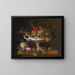 Een klassieke urn met aalbessen, abrikozen, cassis, kersen, perziken en ananas op een voetstuk bedekt met bloemen - Johan Laurentz Jensen — ingelijst kunstwerk aan de muur
