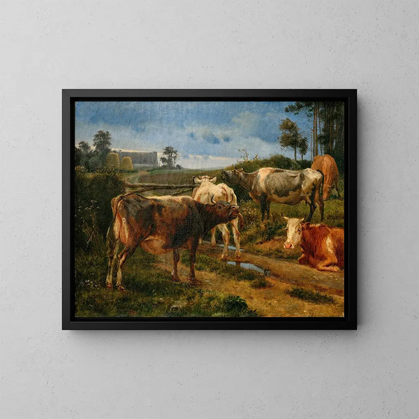 Koeien die loeien bij de poort van de wei - Johan Thomas Lundbye — ingelijst kunstwerk aan de muur
