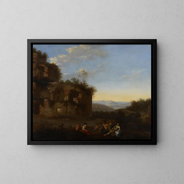 Italiaanse landschapsschilderij met figuren - Johan van Haensbergen — ingelijst kunstwerk aan de muur