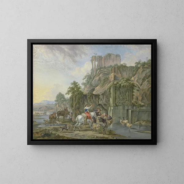 van Bergers près d'une fontaine romaine - Johann Albrecht Friedrich Rauscher — ingelijst kunstwerk aan de muur