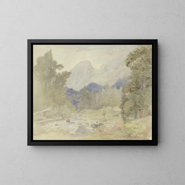 Landschapschilderij met berglandschap en beekje bij Berchtesgaden - Johann Balthasar Bauer — ingelijst kunstwerk aan de muur
