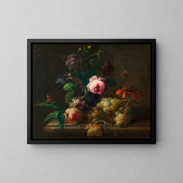 Natuurschilderij met bloemen en fruit - Johann Baptist Drechsler — ingelijst kunstwerk aan de muur