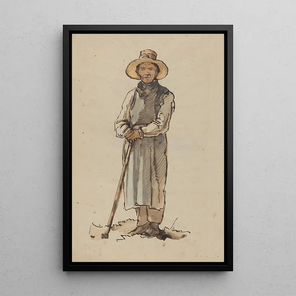 Johann Baptist Kirner - Bauer mit breitrandigem Hut sich auf eine Hacke sttzend.webp