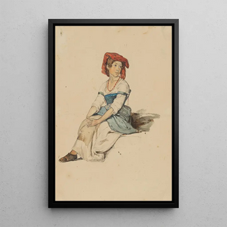 Johann Baptist Kirner - Italienisches Mdchen mit roter Kopfbedeckung die Hnde ber den Knien gefaltet.webp