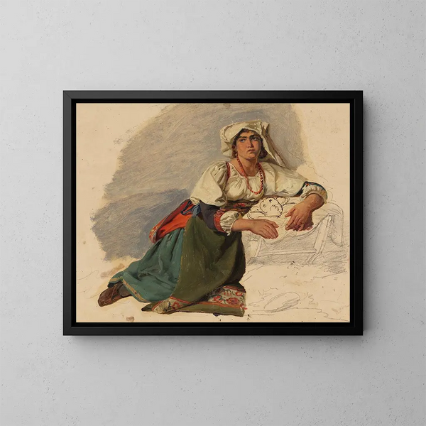 Italiaanse vrouw knielend voor een kind - Johann Baptist Kirner — ingelijst kunstwerk aan de muur