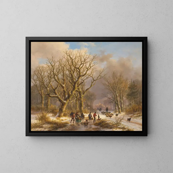 Wintertijd - Johann Bernhard Klombeck — ingelijst kunstwerk aan de muur