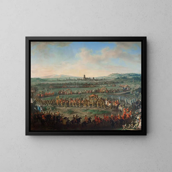 Toegang van keizer François I Étienne en zijn zoon Jozef II in Frankfurt op 29 maart 1764 - Johann Dallinger von Dalling — ingelijst kunstwerk aan de muur