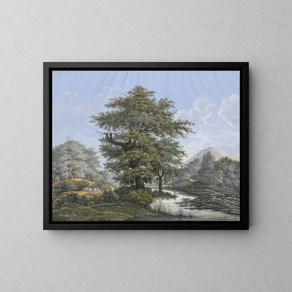 Landschap met eik aan de rand van een rivier - Johann David Passavant — ingelijst kunstwerk aan de muur