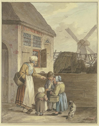 Johann Friedrich Morgenstern - Vor einem Haus drei Kinder bei einer alten Frau.webp