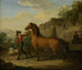 Een hoefsmid die een hengst naar de voerbak leidt - Johann Georg Pforr — weergave van het kunstwerk