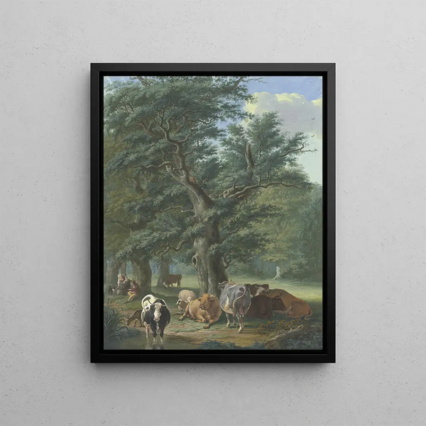 Johann Georg Pforr - Unter einen groen Eiche ruht Vieh in der Ferne ein Reh links bringt eine Frau dem Hirten das Essen.webp
