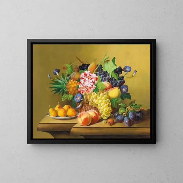 Natuurstudie met een mand fruit en een bord peren - Johann Georg Seitz — ingelijst kunstwerk aan de muur